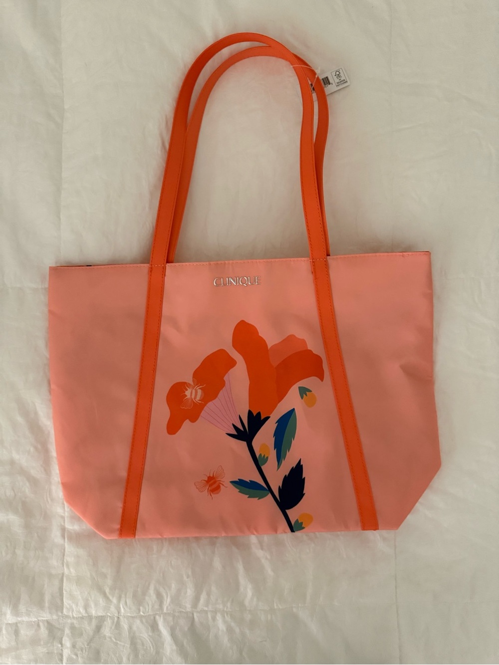 Clinique Coral Pink Tote with Bright Orange Straps & Floral Print
